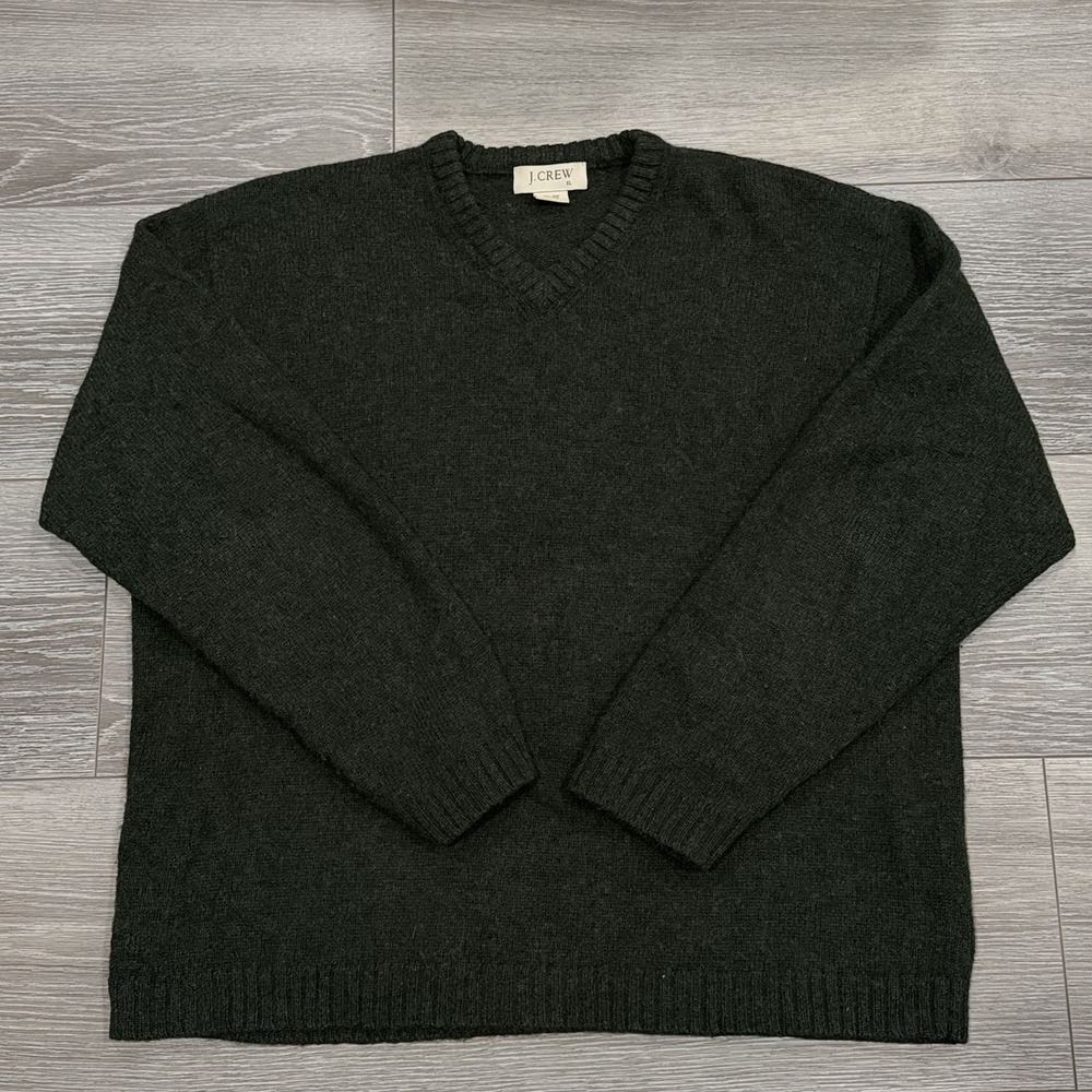 Vintage J.Crew Mens XL 100% Shetland Wool V-Neck Sweater Dark Heather Green